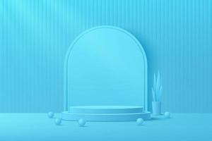 abstracte blauwe cilinder platform podium met bol bal. plantenpot en laat versieren. blauwe minimale muurscène met geometrische vormachtergrond. vectorweergave 3D-vorm voor presentatie van productweergave vector