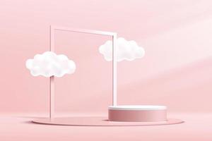 abstracte 3d roze en witte cilinder sokkel podium met wolkenlucht en geometrische vierkante frame. pastelroze minimale wandscène. vector rendering geometrisch platform voor product display presentatie.