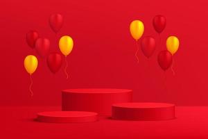 abstracte 3d rode cilinder sokkel of podium met rode en gele ballonnen. donkerrode minimale wandscène voor presentatie van cosmeticaproducten. vector rendering geometrische platform ontwerp.