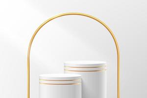abstract 3d wit en gouden cilindervoetstuk of tribunepodium met gouden bogenachtergrond. luxe witte minimale wandscène voor productpresentatie. vector geometrische rendering platform ontwerp.