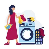 gelukkige vrouw wasruimte. wassen in de wasmachine. vectorillustratie. vector