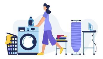 gelukkige vrouw wasruimte. wassen in de wasmachine. vectorillustratie. vector