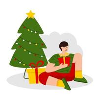 de jongen opent cadeautjes naast de kerstboom. het concept van Kerstmis en Nieuwjaar. vectorillustratie. vector