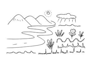 hand getekende bergen schets met bos, weg, zon, gras en clouds.vector afbeelding. vector
