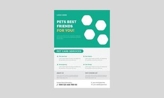 dierenverzorgingsflyer, promotieflyer voor dierenverzorgingsdiensten, flyer voor huisdierenoppas, posterfoldersjabloon, we geven om uw huisdierposterflyer. vector