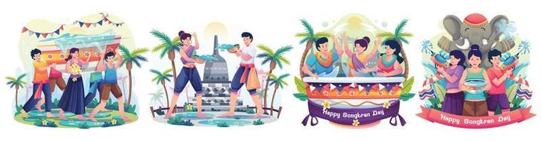 set mensen viert het songkran festival thailand traditionele nieuwjaarsdag door water op elkaar te spatten. vector illustratie