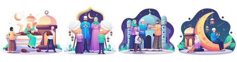 set van ramadan concept illustratie. gelukkige moslimmensen vieren heilige maand ramadan, iftar-feest, lezen koran, taraweeh, eid mubarak-groet. vector illustratie