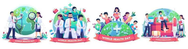 set van wereldgezondheidsdagconcept met een groep stafartsen en verpleegkundigen, mensen die een gezonde activiteit leven, persoon joggen, fietsen, yoga. vector illustratie