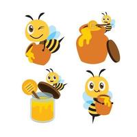 platte ontwerp bee mascotte set. cartoon schattige bij met honingpot set. schattige bij draagt honingpot en biologische honingfles. platte kunst vector mascotte set