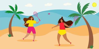 ansichtkaart met meisjes die badminton spelen op het strand. vector