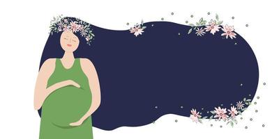 gelukkige zwangere vrouw met een krans van bloemen op haar hoofd en lang golvend haar. plaats voor uw tekst. zwangerschap en moederschap. een baby dragen. verwachtingen van de ontmoeting met het kind. vector