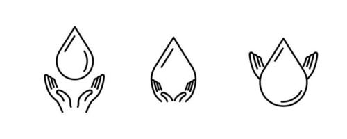 dezelfde en dikte water- en handpictogrammen. ontwerp dat de waterdruppel in de lucht opvangt. de weerspiegeling van de hand in de waterdruppel. handen engel vleugel uitzicht. ideaal voor logo-ontwerp. vector