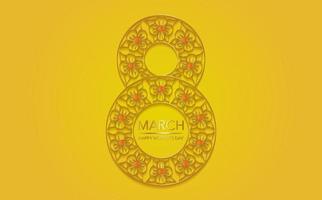 acht van gouden bloemen, 8 maart luxe ansichtkaart. glanzend bloemen gouden belettering patroon. cijfer acht gemaakt van bladgoud op gele achtergrond. gloeiende internationale vrouwendagbanner of poster of kaart vector