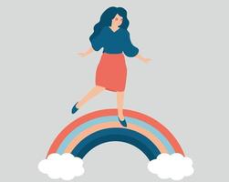 jonge vrouw verspreidt een positieve sfeer terwijl ze met balans op de regenboog loopt. gelukkige vrouw glimlacht en geniet van haar vrijheid. positief lichaam, geestelijke gezondheid, psychologische zorg, welzijn lifestyle concept. vector