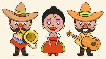 Mexicaanse muzikanten vectorillustratie met twee mannen en een vrouw met gitaren In inheemse kleding en Sombrero platte Vector