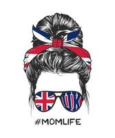 vrouwen rommelige knot kapsels dragen verenigd koninkrijk vlag zonnebril vector lijn kunst illustratie