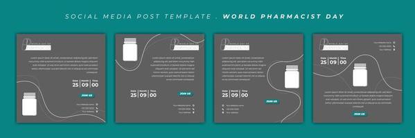 set van social media postsjabloon met medicijnflesontwerp. wereld apotheker dag ontwerp. vector