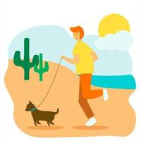 een man die met zijn hond jogt op het strand illustratie vector