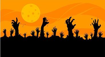 vectorillustratie, vlakke stijl, horror halloween-achtergrond, silhouet van zombiehanden komen uit de grond of de begraafplaats bovenop is er een volle maan vector