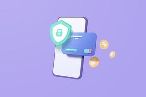 3D-creditcard geld financiële zekerheid voor online winkelen, online betalingscreditcard met betalingsbeschermingsconcept. 3D-vector render voor zakelijke financiën, winkelen met mobiel beveiligingsconcept vector