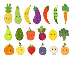verzameling van schattige lachende grappige kinderachtige groenten en fruit. banaan, kers, aardbei, citroen, sinaasappel. een paar vruchten. ontwerp voor de decoratie van briefpapier voor kinderen, textiel vector