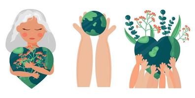 Earth Day is 22 april. internationale moeder aarde dag. milieuproblemen en milieubescherming. vectorillustratie in cartoon-stijl, botanische elementen. voor stickers, posters, ansichtkaarten. vector