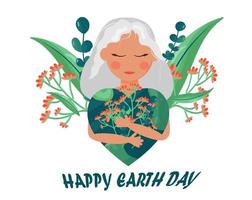 Earth Day is 22 april. banner meisje omarmt de hele wereld. internationale moeder aarde dag. milieubescherming. vectorillustratie in cartoon-stijl. Voor het afdrukken van stickers, posters, ansichtkaarten. vector