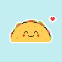 vectorillustratie met Mexicaanse taco's kawaii eten. de tortilla gaat naar taco's. schattige cartoon afbeelding geïsoleerd op een achtergrond in kleur. vector