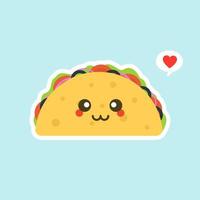 vectorillustratie met Mexicaanse taco's kawaii eten. de tortilla gaat naar taco's. schattige cartoon afbeelding geïsoleerd op een achtergrond in kleur. vector