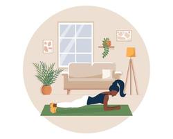 jonge zwarte vrouw doet yoga-oefeningen, staat in plank op mat in interieur van huis. thuis sporten. gezond dagelijks leven concept. yoga thuis vector