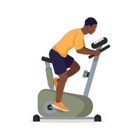 zwarte man op hometrainer, geïsoleerd op een witte achtergrond. sporten, trainen thuis of in de sportschool. rijden binnenshuis sport hometrainer. cardiofitness trainingsapparatuur. zijaanzicht vector