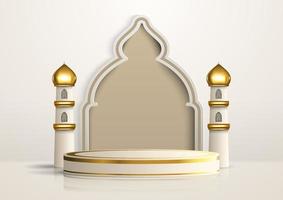 realistisch islamitisch productvertoningspodium met moskeepoort en gouden minaretten op witte achtergrond. 3d islamitische illustratie voor reclame, verkoop en online winkelen. helder sokkelontwerp vector