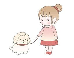 een schattig meisje dat haar hond uitliet. vector naïeve illustratie geïsoleerd op een witte achtergrond.