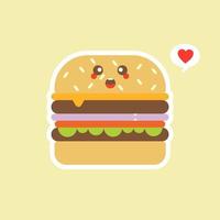 gelukkig lachend grappige schattige hamburger. vector platte cartoon karakter illustratie pictogram ontwerp. geïsoleerd op kleur achtergrond. hamburger, fastfoodcafé, junkfood, restaurant, resto