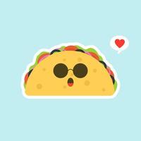 vectorillustratie met Mexicaanse taco's kawaii eten. de tortilla gaat naar taco's. schattige cartoon afbeelding geïsoleerd op een achtergrond in kleur. vector