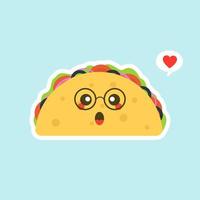 vectorillustratie met Mexicaanse taco's kawaii eten. de tortilla gaat naar taco's. schattige cartoon afbeelding geïsoleerd op een achtergrond in kleur. vector