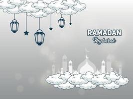 realistische ramadan mubarak verlichting achtergrondillustratie en wenskaart met wolkenmoskee vector