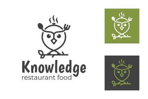 zeer fijne tekeningen dier uil symbool met voedsel gebruiksvoorwerpen vork en lepel voor het koken school logo en kennis voedselingrediënten vector