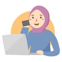 vrouw hijab werkt op laptop vector