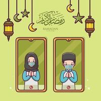 moslimmensen communiceren online via smartphone-videogesprek in ramadan kareem en eid mubarak vector