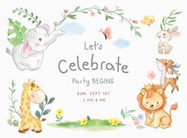 vier feestkaartsjabloon met schattige dierenillustratie vector