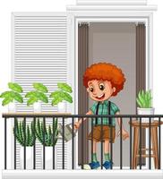 een jongen die planten water geeft op het balkon vector