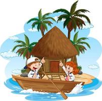 bungalow op het eiland met kinderen op houten boot vector