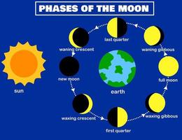 fasen van de moon.lunar phase.earth en sun.luna de maancyclus change.night sky.infographic.eclipse concept.planets in solar system.cartoon vectorillustratie. vector