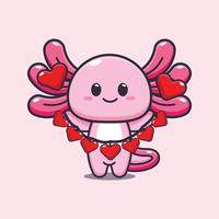 schattige axolotl mascotte stripfiguur illustratie in valentijnsdag vector