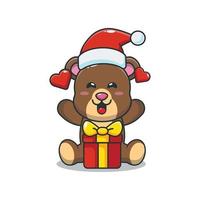 schattige beer blij met kerstcadeau. leuke kerst cartoon afbeelding. vector