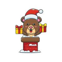 schattige beer met kerstmuts in de schoorsteen. leuke kerst cartoon afbeelding. vector