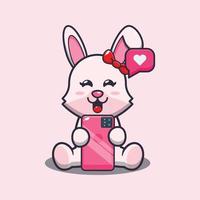 schattige konijntje cartoon mascotte illustratie met telefoon vector
