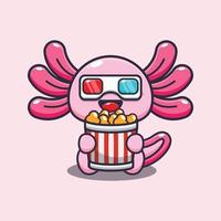 schattige axolotl cartoon mascotte illustratie eten popcorn en kijken naar 3D-film vector