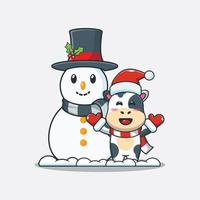 schattige koe spelen met sneeuwpop. leuke kerst cartoon afbeelding. vector